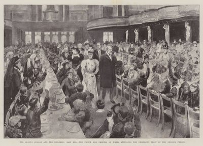 Le jubilé de la reine et les enfants, East End, le prince et la princesse de Galles assistant au festin des enfants au People
